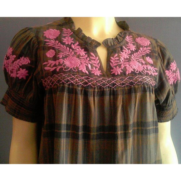 Sister Mary Cotton Plaid Purple floral Embroidered Camilla Top XS - Picture 2 of 9